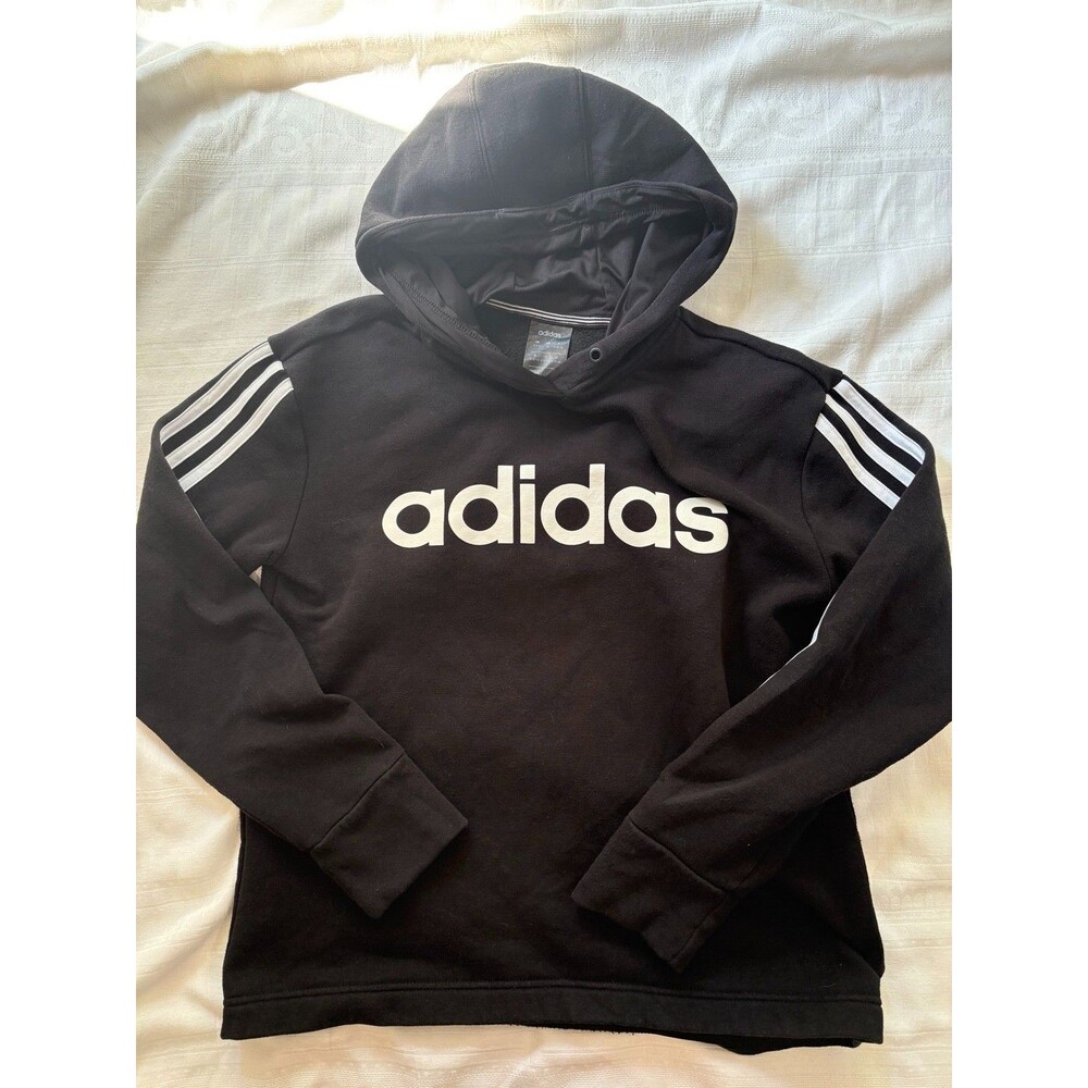 Adidas Hoodie Mens Medium Black Pullover Spellout 3 Stripe Fleece Logo